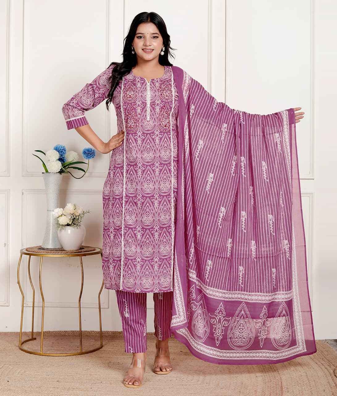 Classic purple-pink   Cotton Kurta Pant with Printed Dupatta